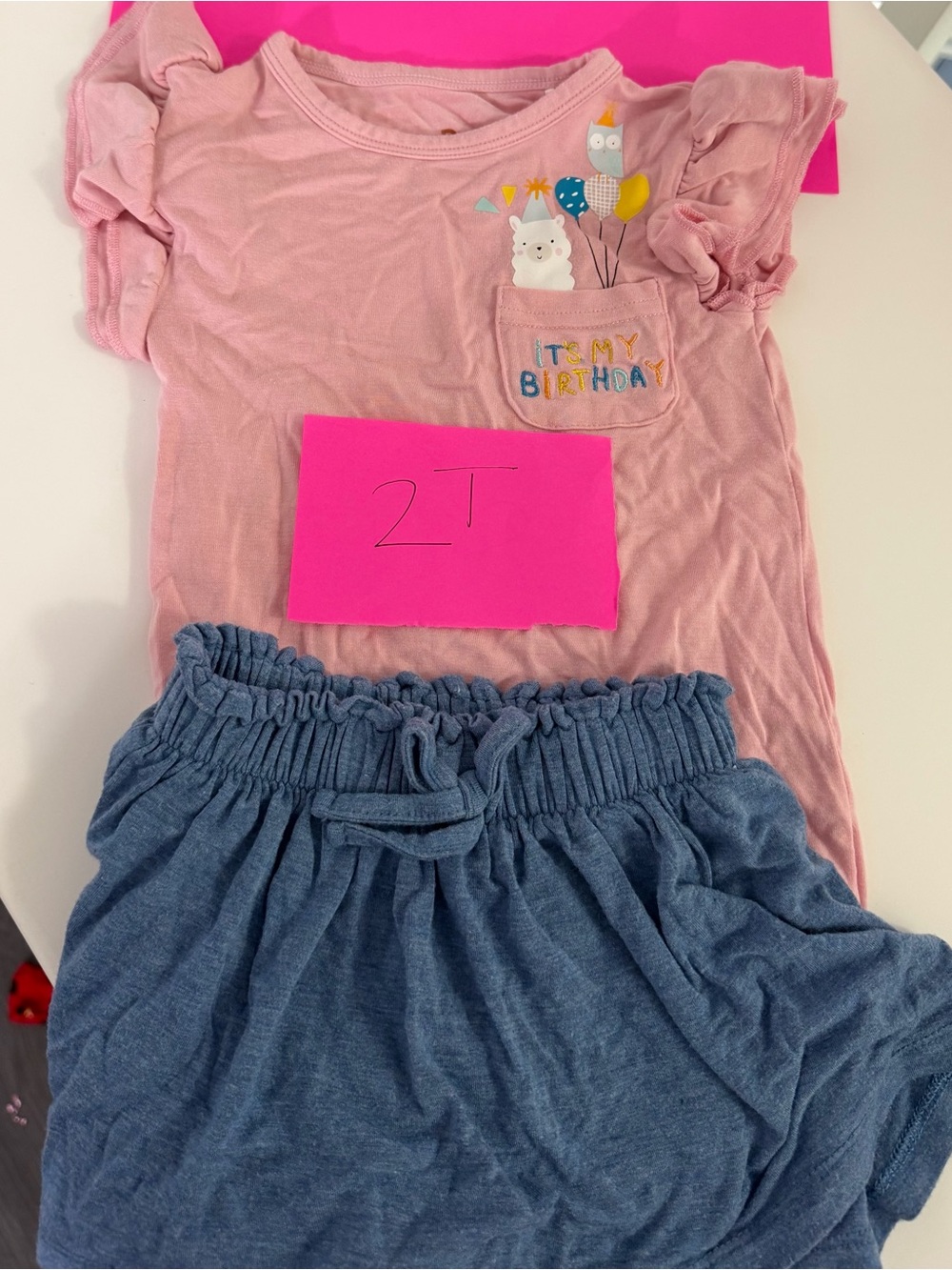 Little Sleepies Pink Birthday Pocket Tee & Blue Skirt Set